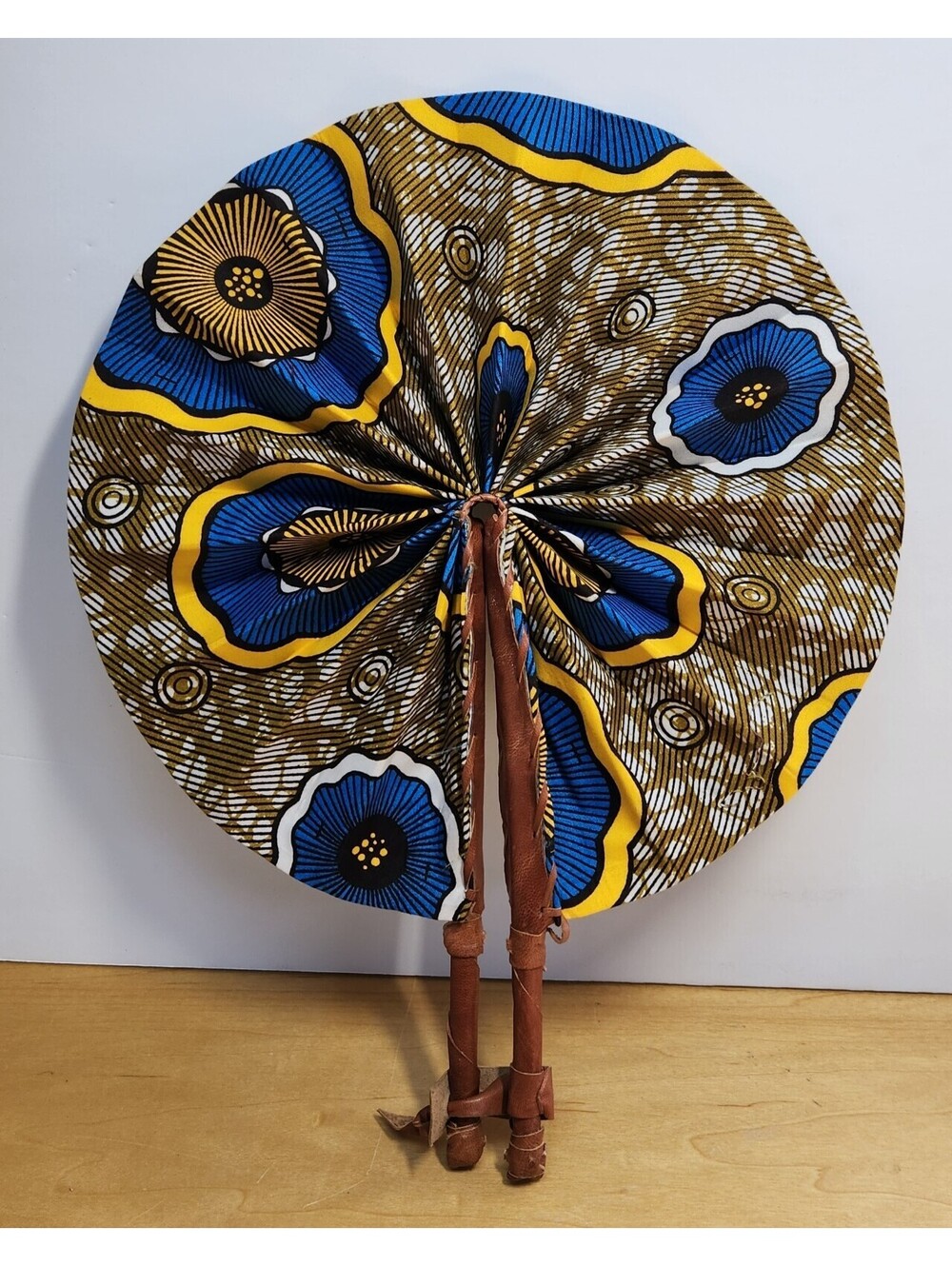 Vintage West African Ankara Folding Hand Fan Leather Handle Wax Print Cloth